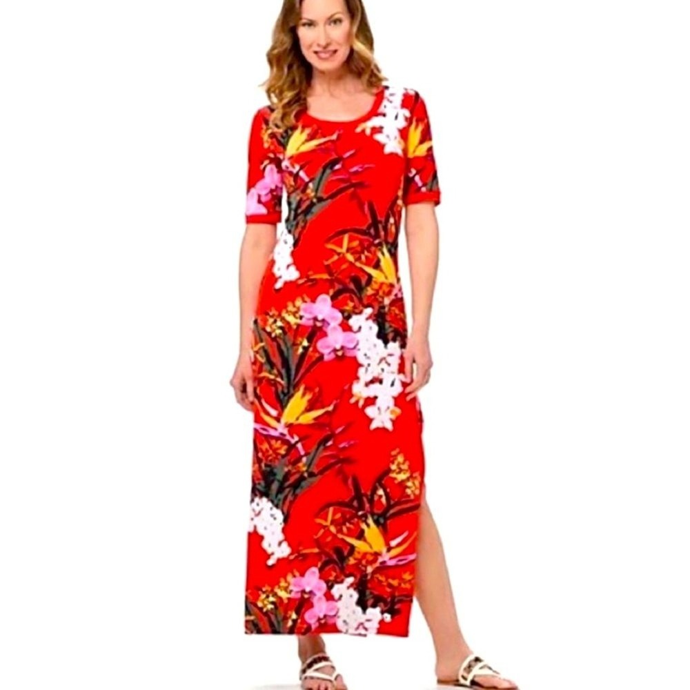 G.I.L.I. Floral Side Slit Dress Sz Small‎ Red Orange Green Tropical Beach